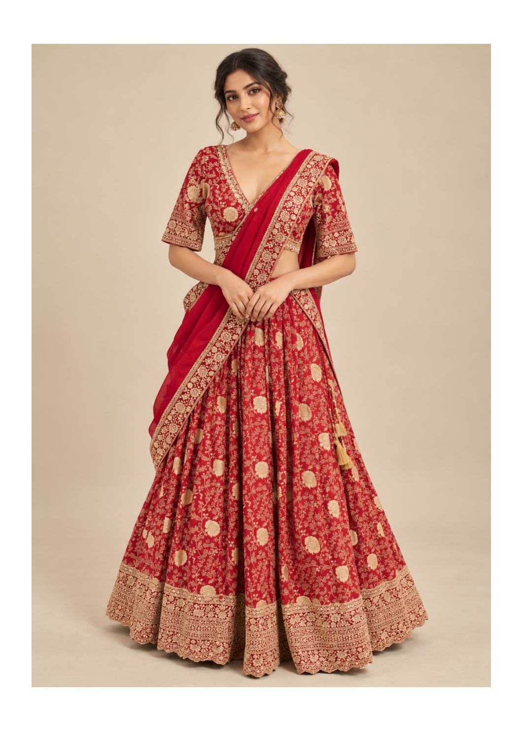 Bridal Red Gold Embroidered Lehenga Set Main image