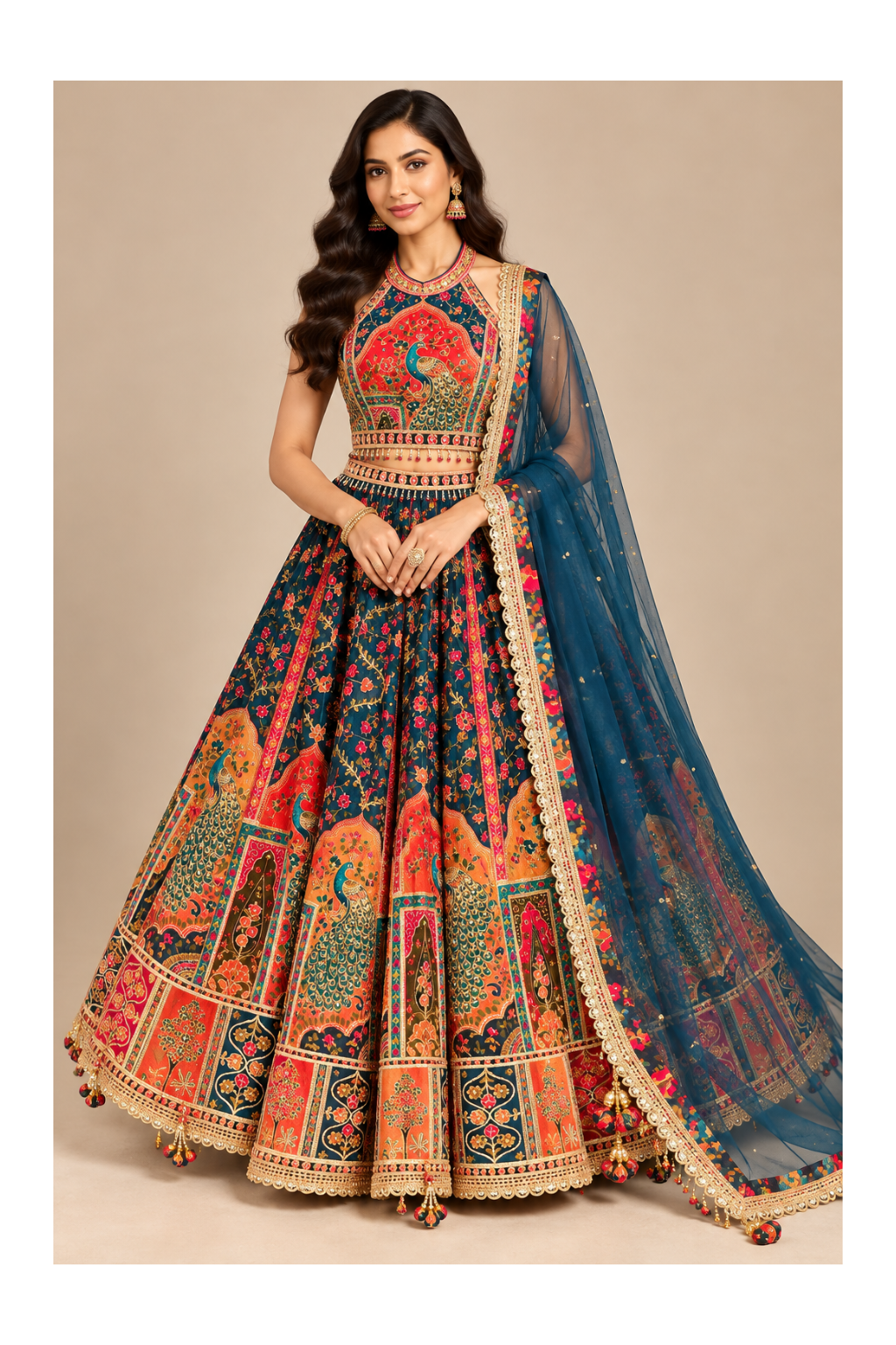 Heritage Peacock-Motif Printed & Embroidered Kalidar Lehenga, Halter Bustier Main image