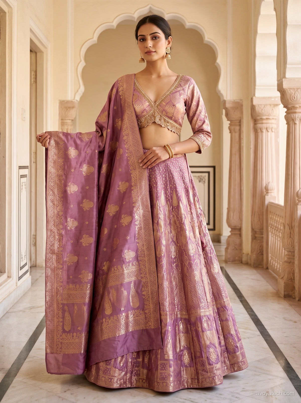 Lilac Mauve Banarasi Silk Lehenga Choli Set