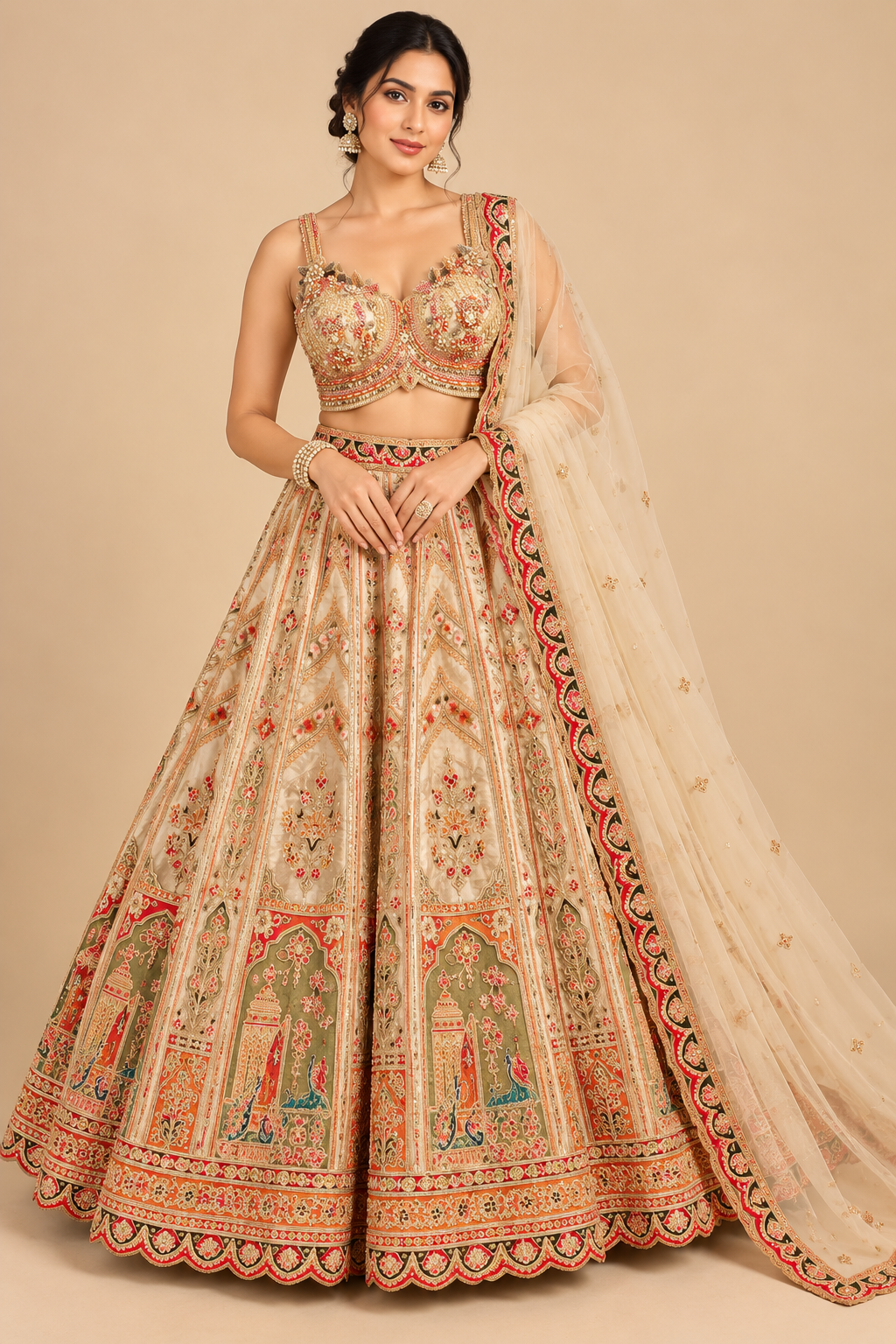 Beige Cream & Olive Handcrafted Mughal Architecture Kalidar Lehenga Choli Set with Dupatta