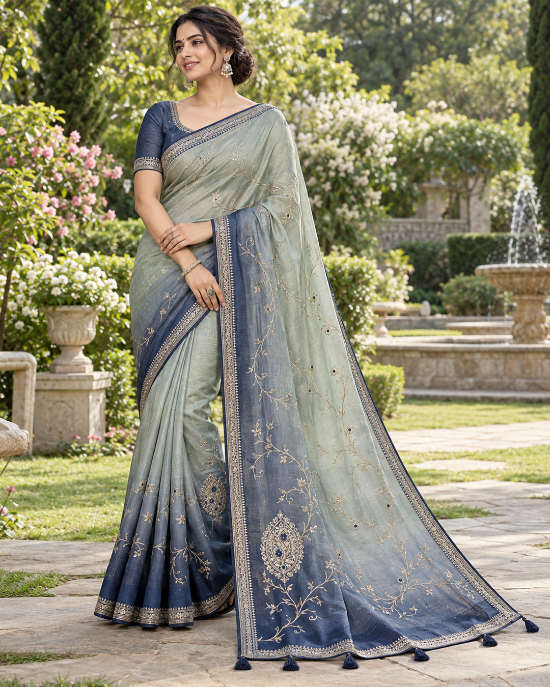 Grey and Slate Blue Embroidered Silk Saree