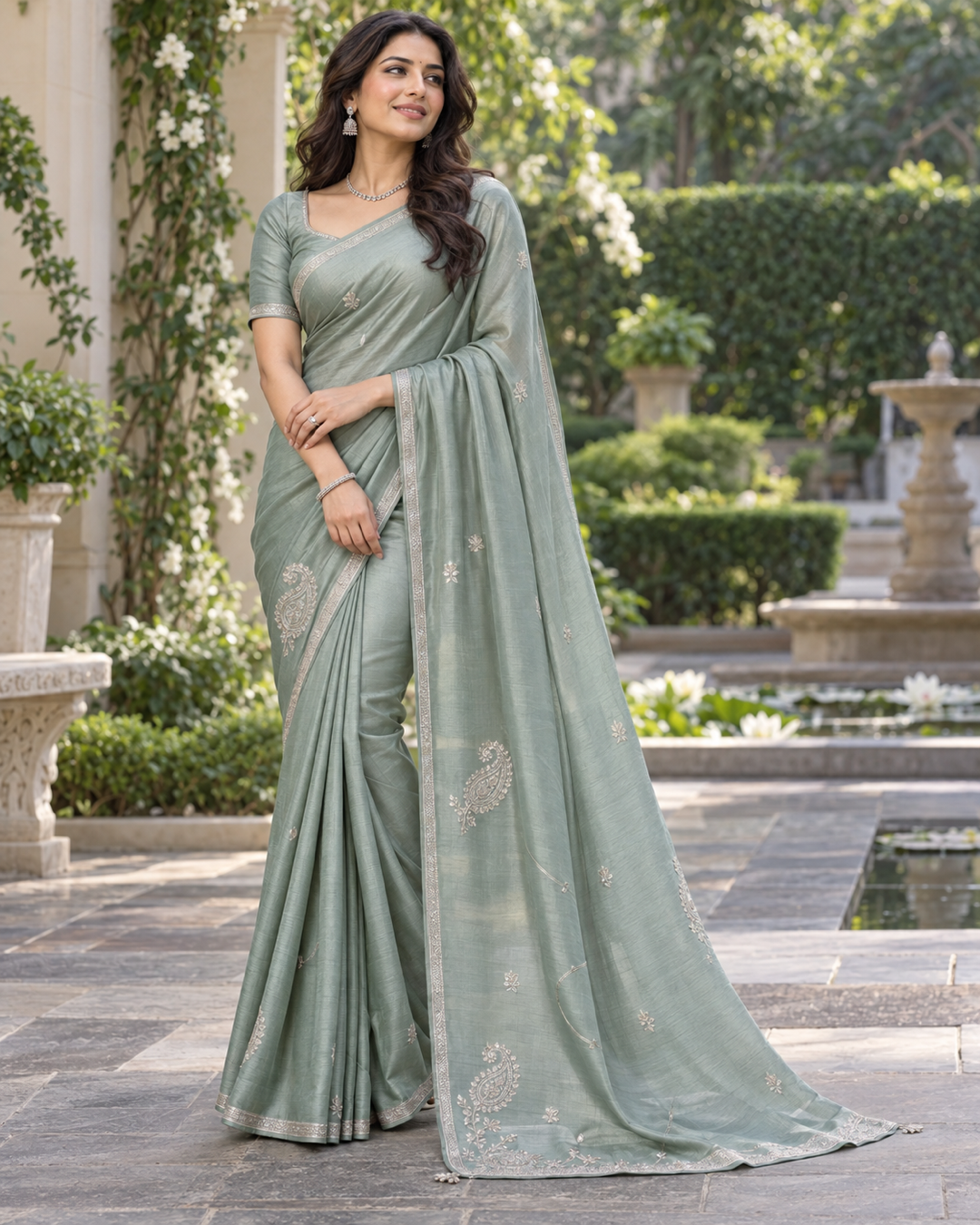 Grey and Slate Blue Embroidered Silk Saree