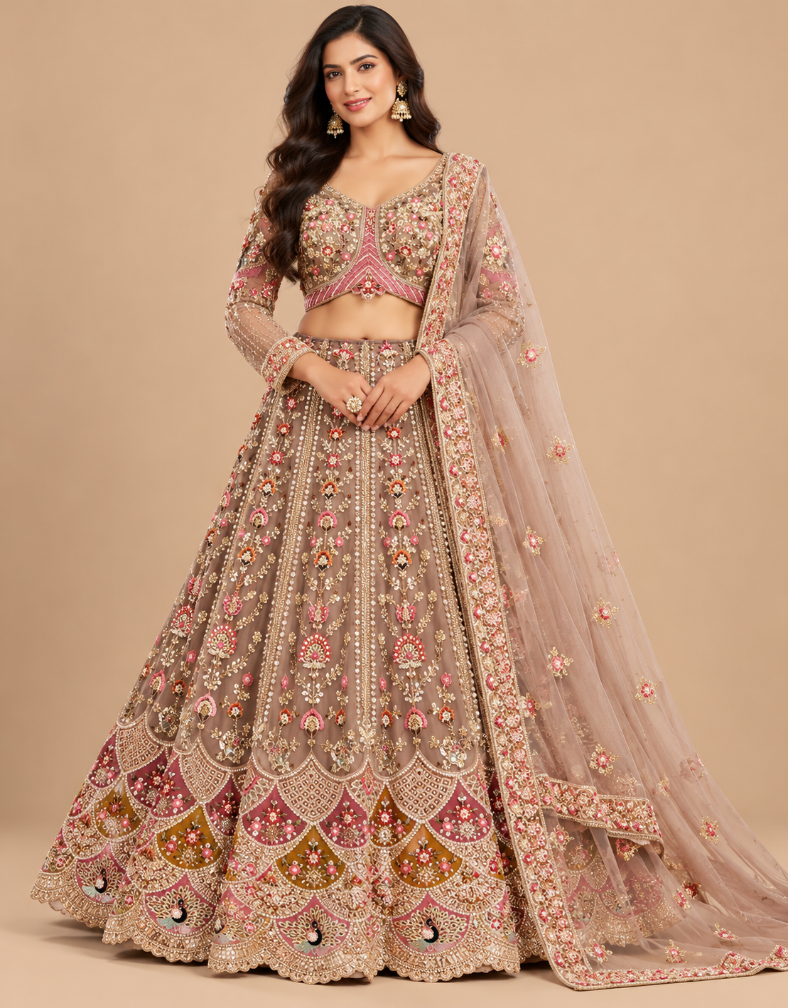 Dusty Mauve Multi-Color Embroidered Full-Sleeve Bridal Lehenga Choli Set