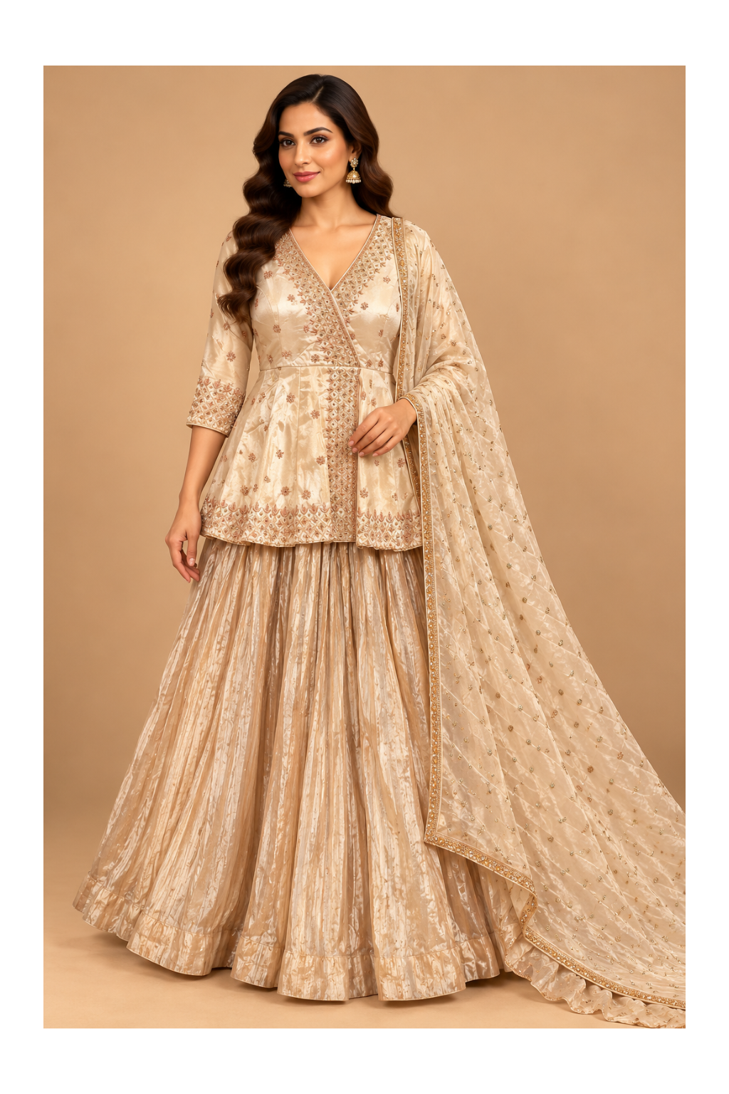 Champagne-Gold Embroidered Angrakha Peplum Kurti, Pleated Lehenga