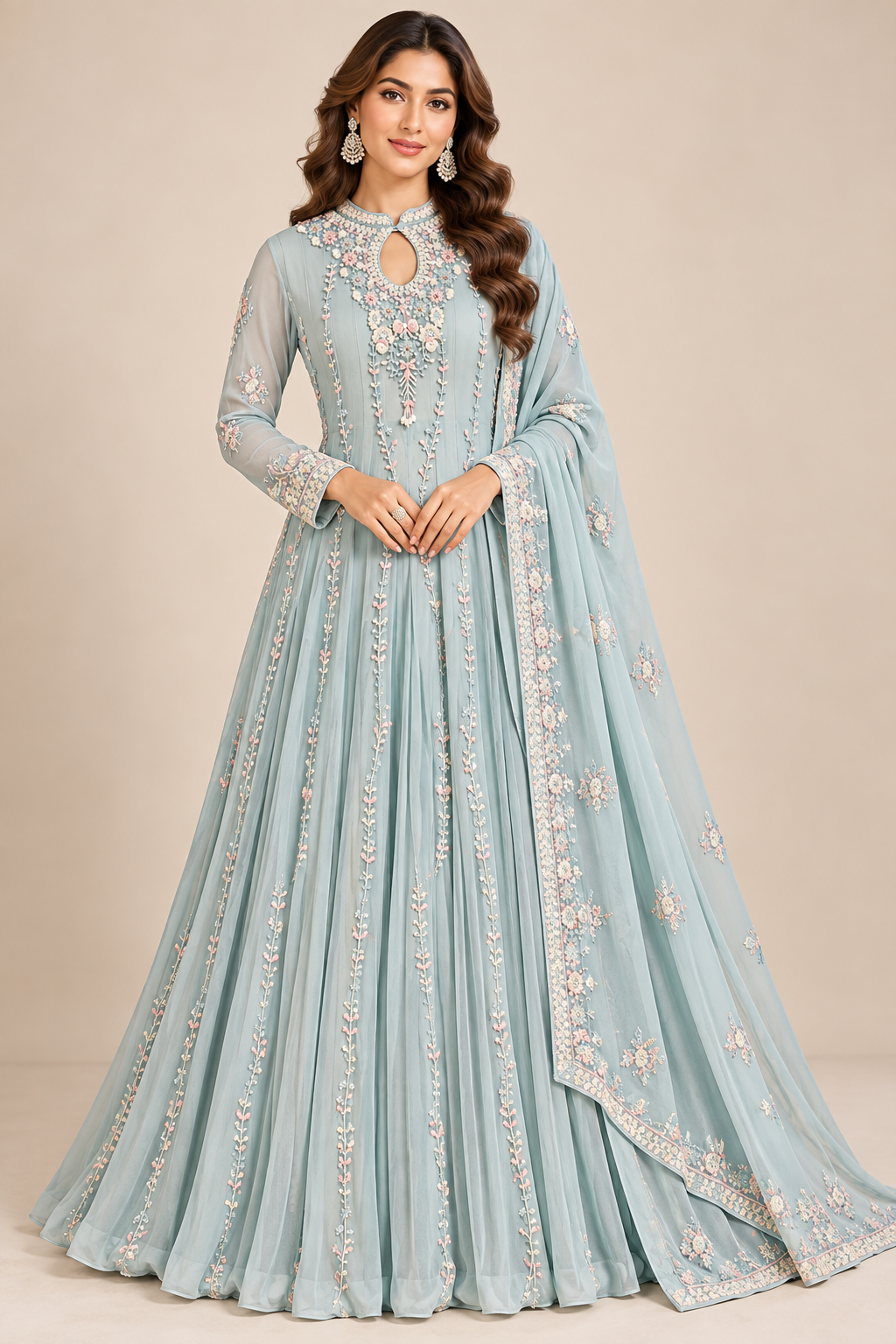 Powder Ice Blue Floral Hand-Embroidered Georgette Kalidar Anarkali Gown Set with Dupatta