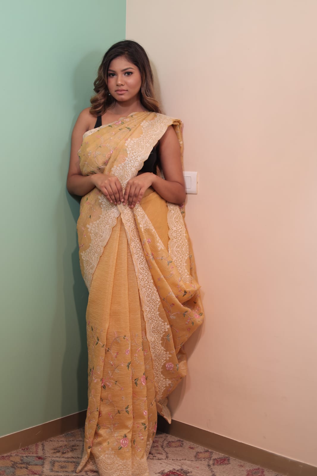 Elegant Maize Crush Tissue Saree with Intricate Embroidery