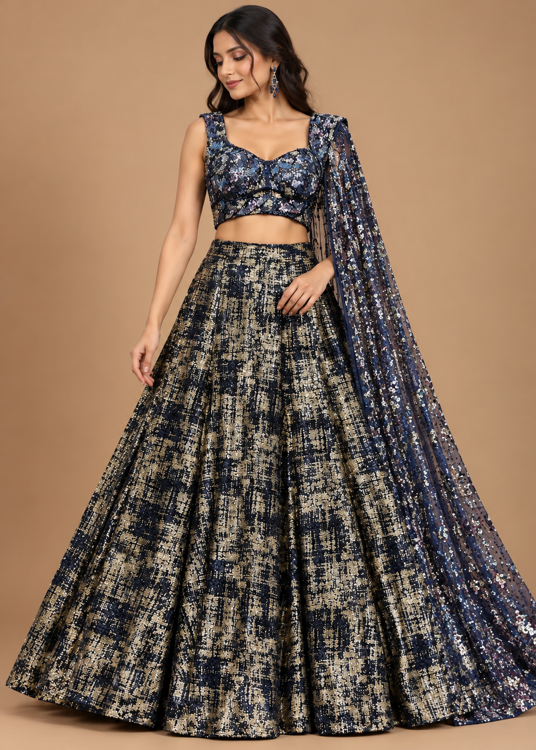 Midnight Blue Sequin Embellished Designer Lehenga