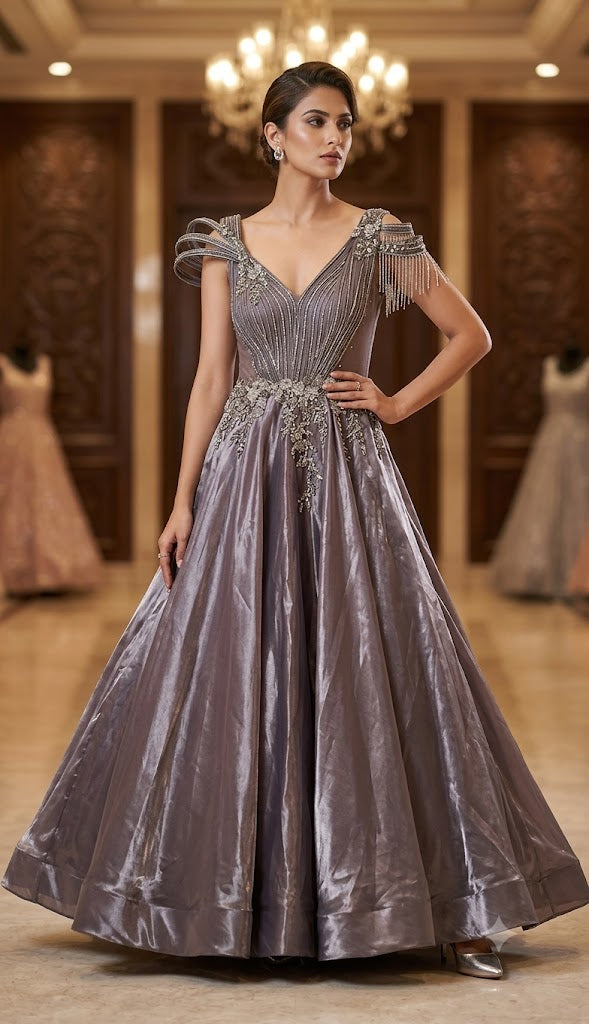 Muted Charcoal Grey Hand-Embroidered Evening Gown