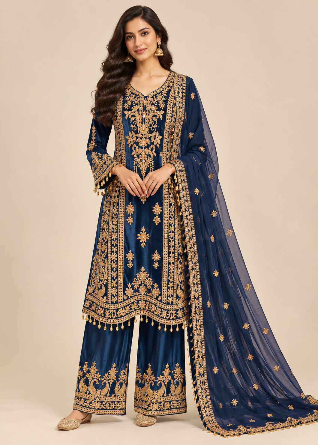 Midnight-Navy Embroidered Silk Kurti, Flared Palazzo Main image