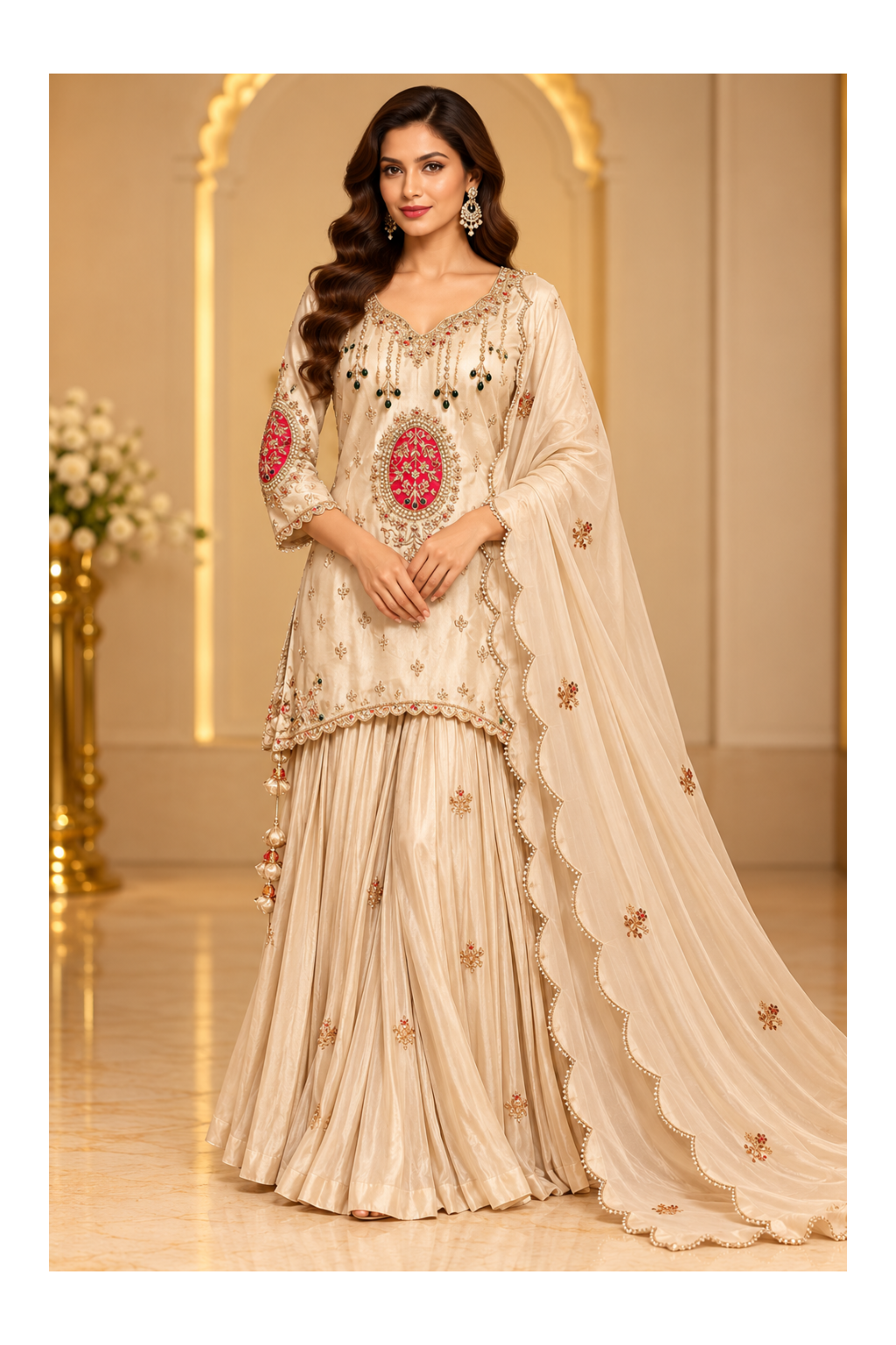 Champagne-Beige Silk Embroidered Peplum Kurti & Flared Sharara Set