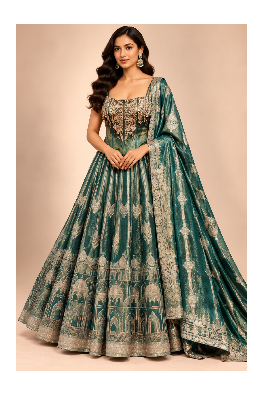Emerald Teal Architectural Jacquard Gown & Banarasi-Style Dupatta Set