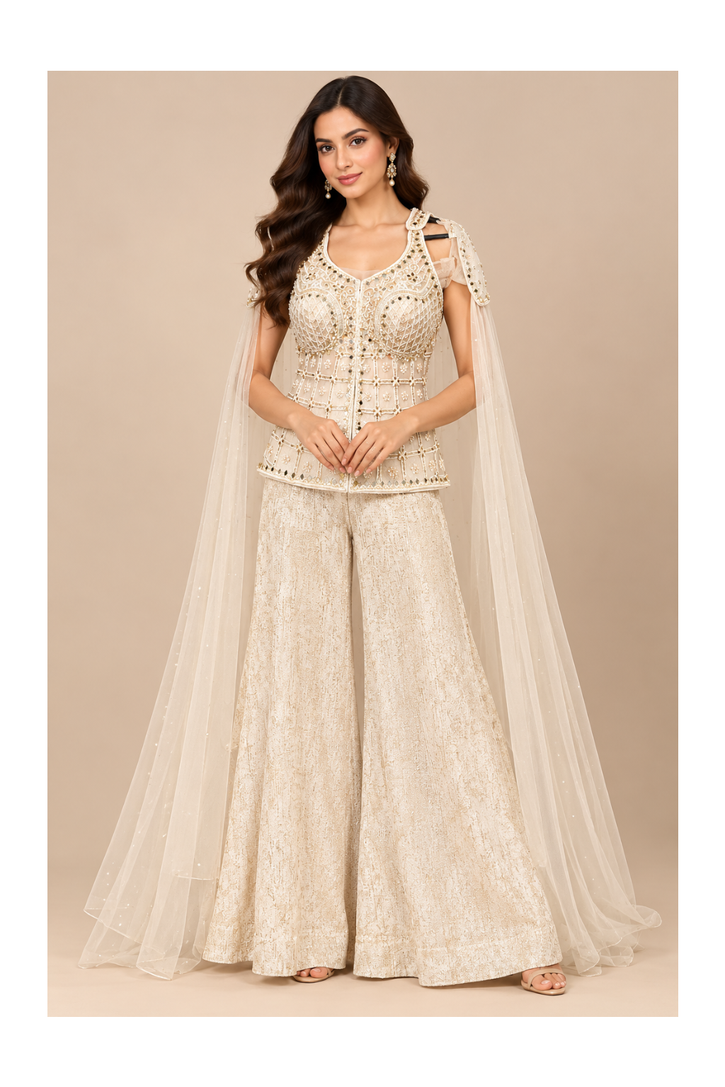 Ivory & Metallic Gold Corset Cape Sharara Set Main image