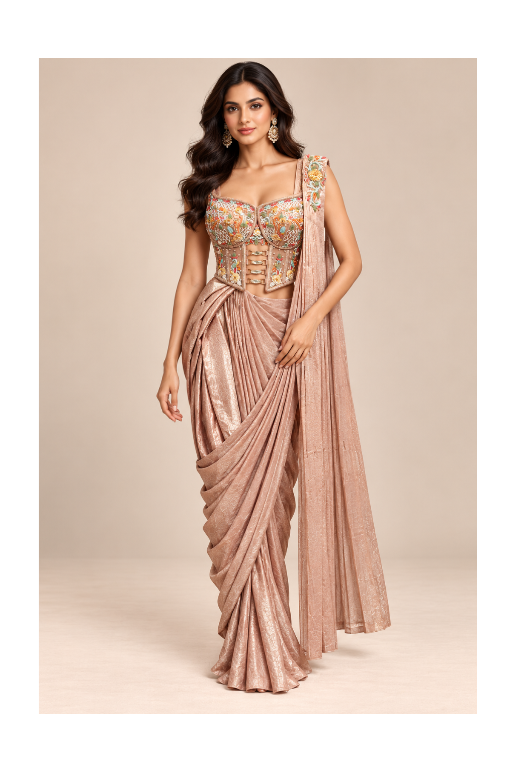 Rose Gold Metallic Pre-Draped Saree & Cutout Corset Set Main image