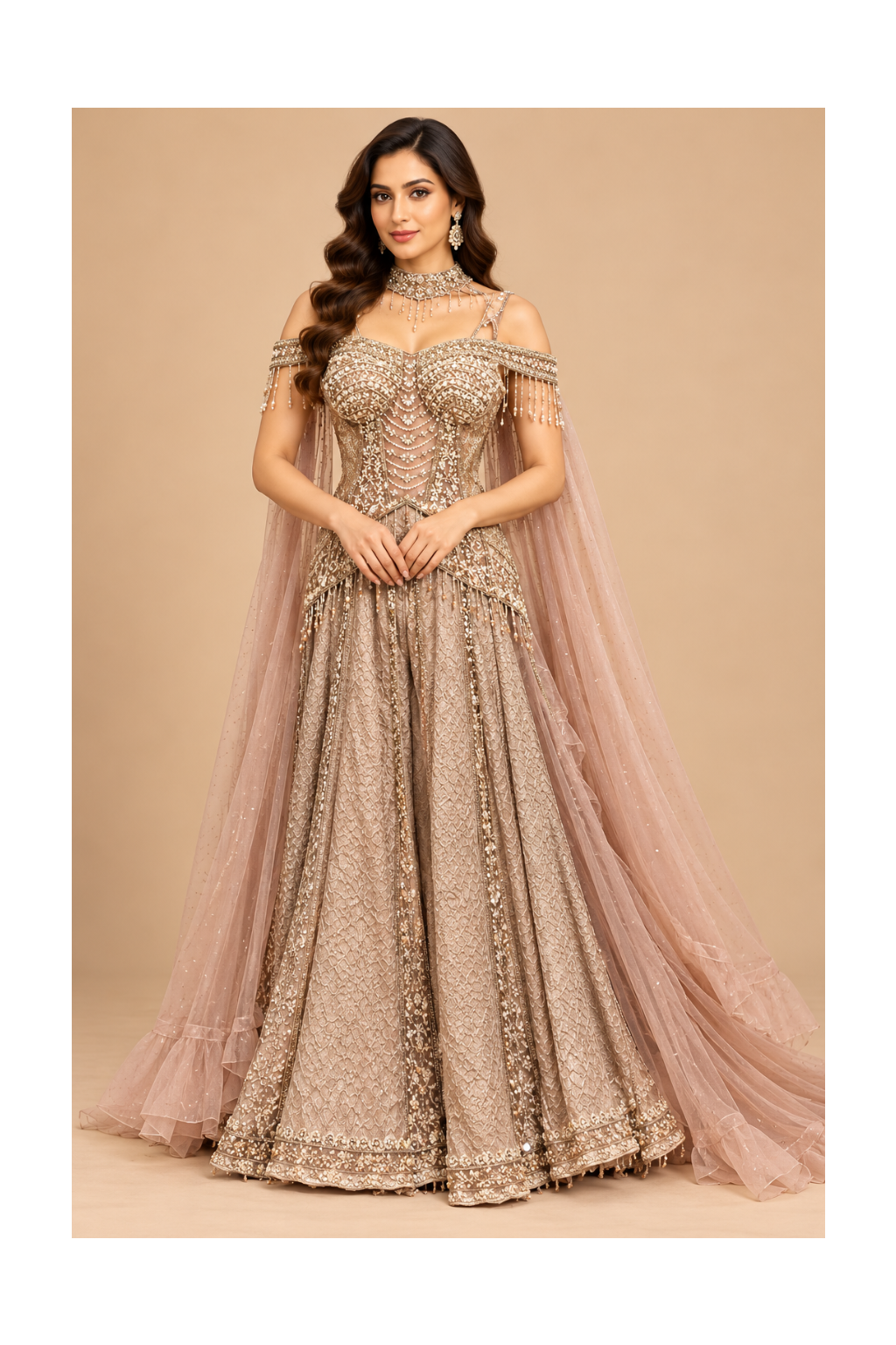 Champagne-Taupe Embellished Corset Peplum, Flared Sharara Main image