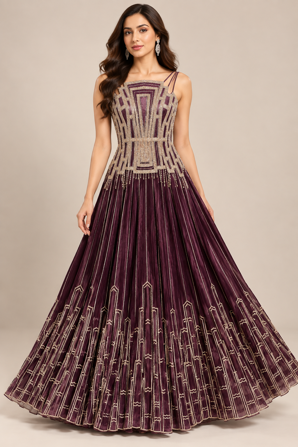 Deep Plum Pleated Georgette Gown with Art Deco Geometric Embroidery Main image