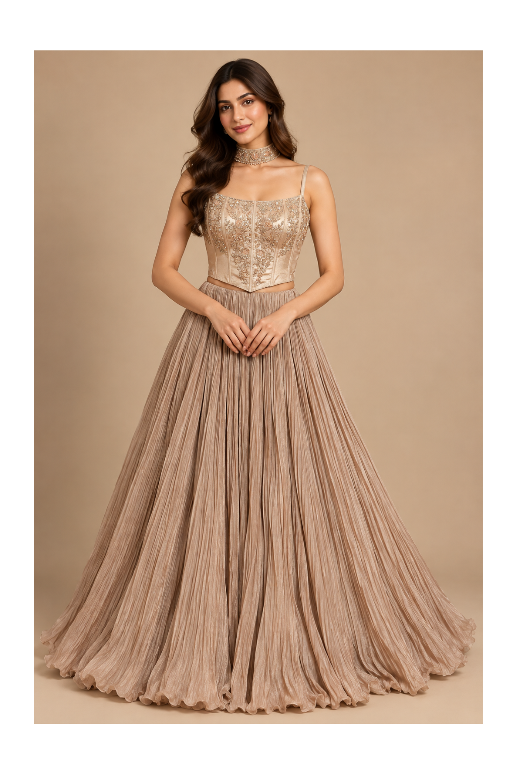 Metallic Rose-Gold Corset Bustier, Pleated Kalidar Lehenga & Choker Set Main image