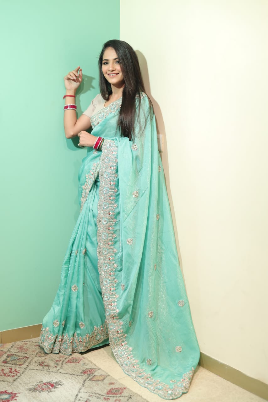 Elegant Mint Green Chinon Saree with Intricate Embroidery