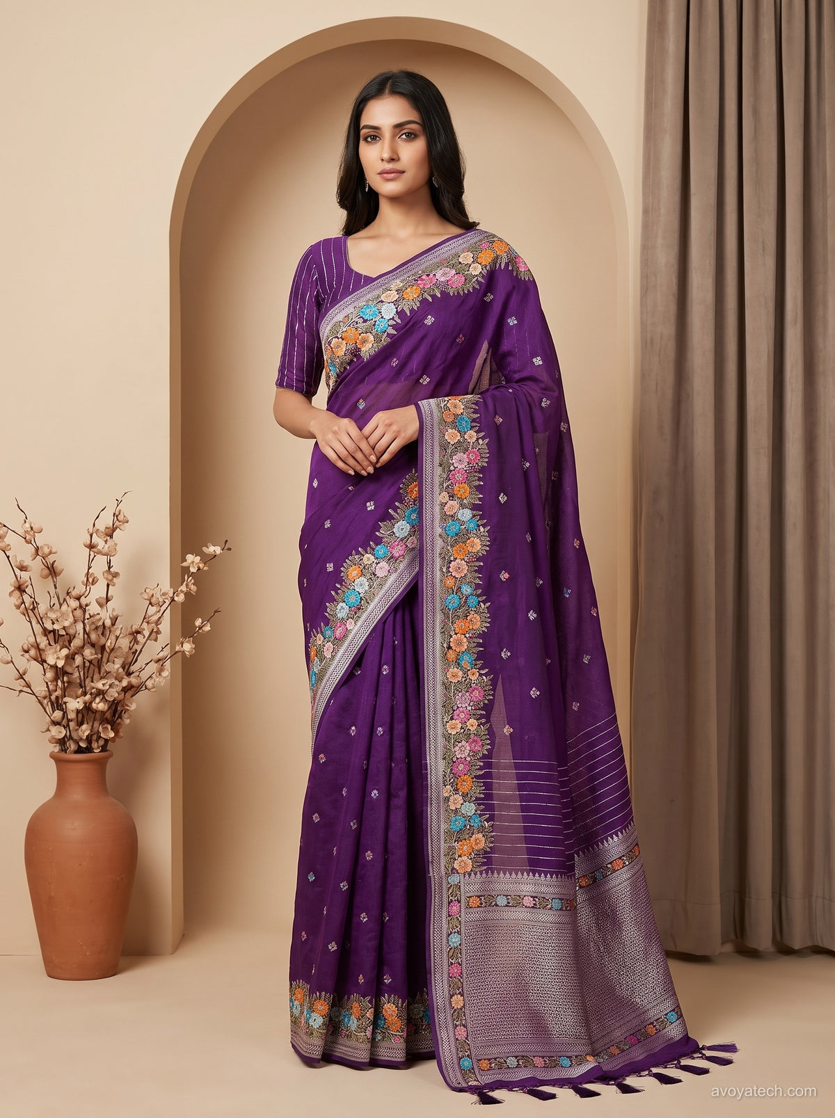 Deep Violet Purple Silk Saree with Pastel Floral Resham Border, Silver Zari Pallu