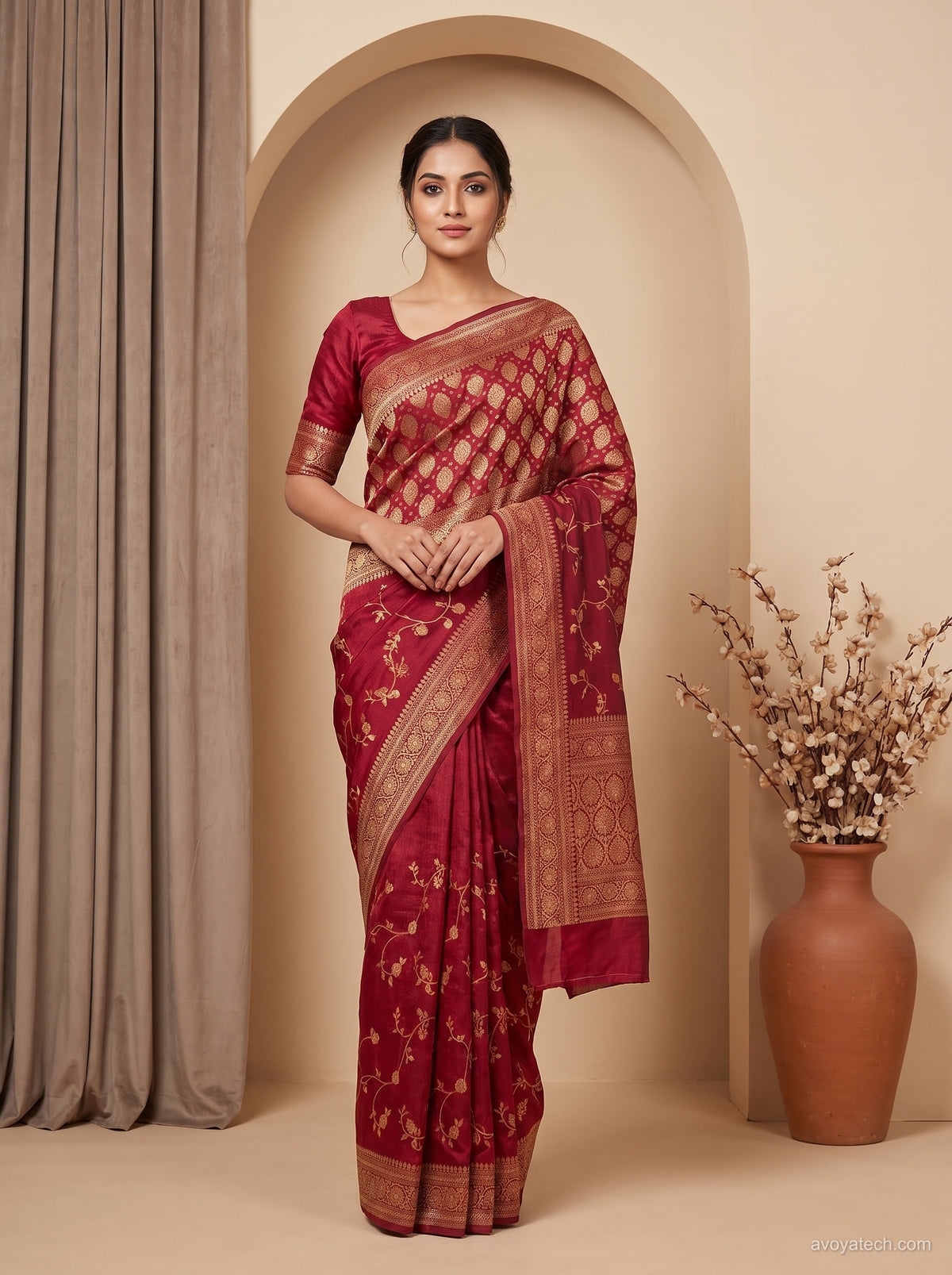 Deep Maroon Banarasi Silk Saree with Golden Zari Jaal, Floral Vines