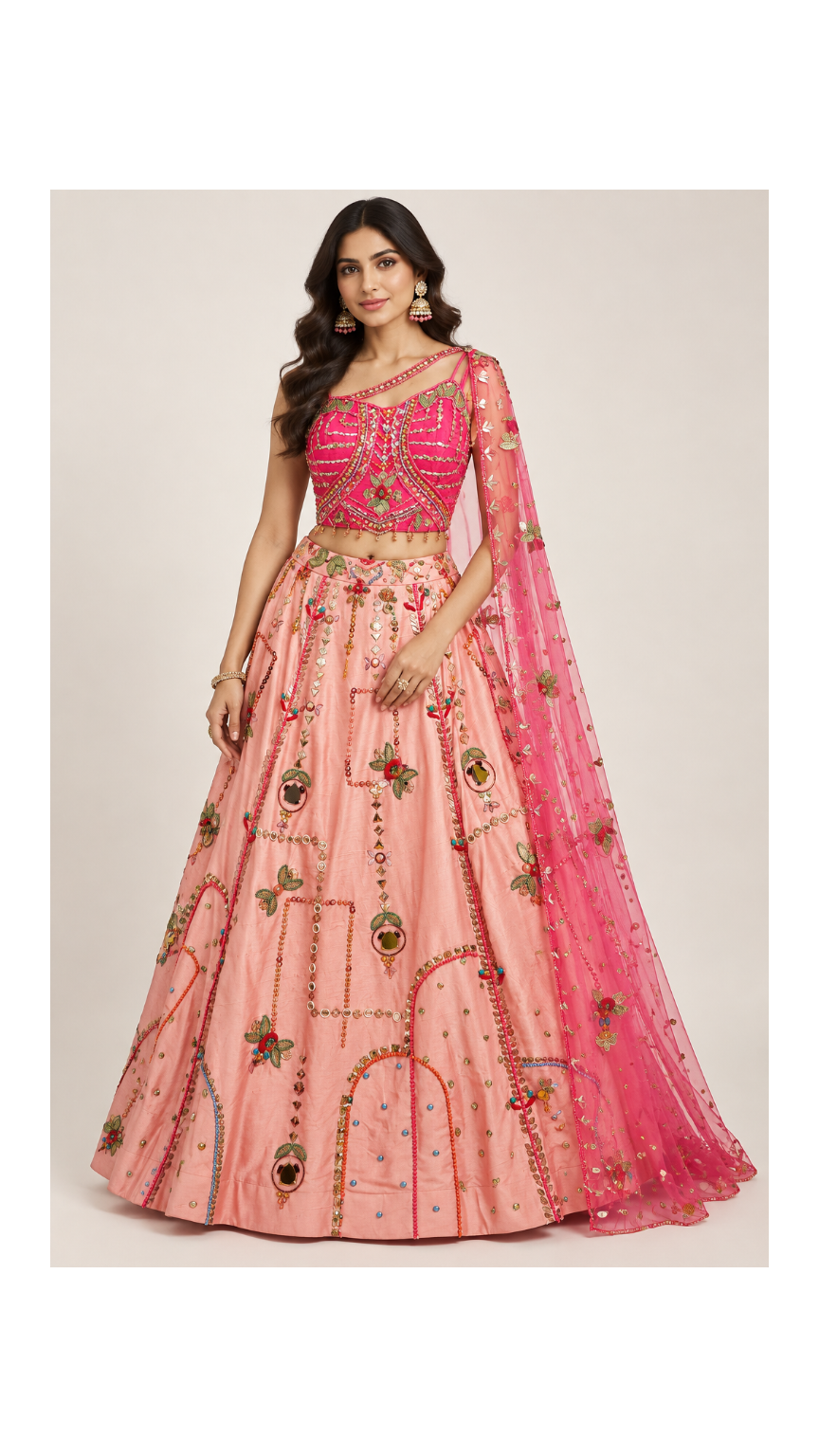 Coral Peach & Hot Pink Mirror-Work Embroidered Lehenga Set