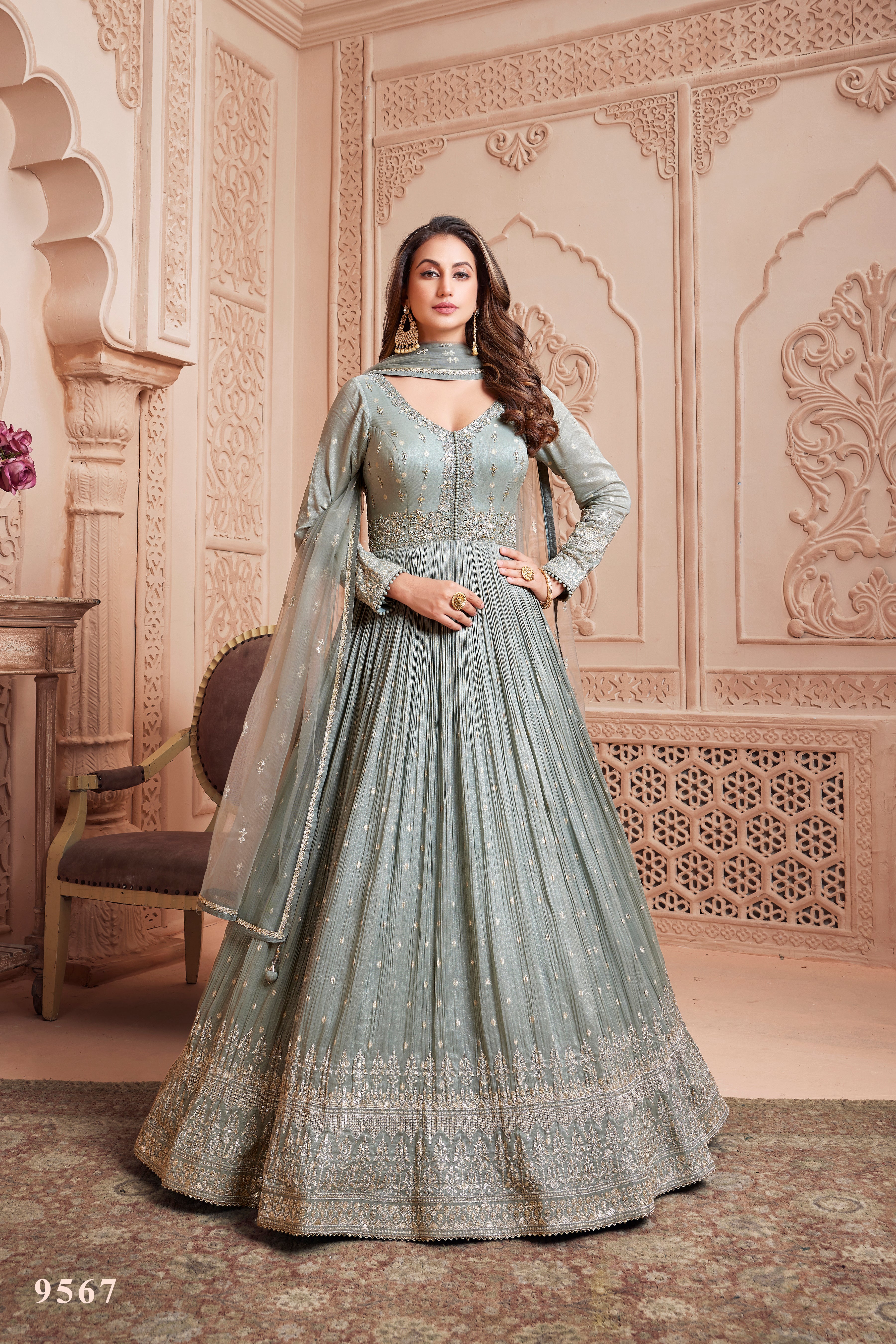 Heavily Embroidered Pleated Anarkali Gown