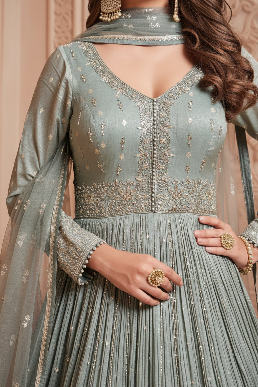 Heavily Embroidered Pleated Anarkali Gown