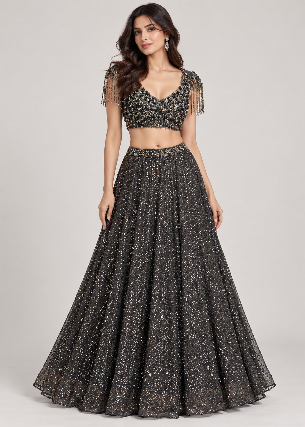 Midnight Charcoal Sequin & Crystal Bridal Lehenga Set with Shoulder Fringe