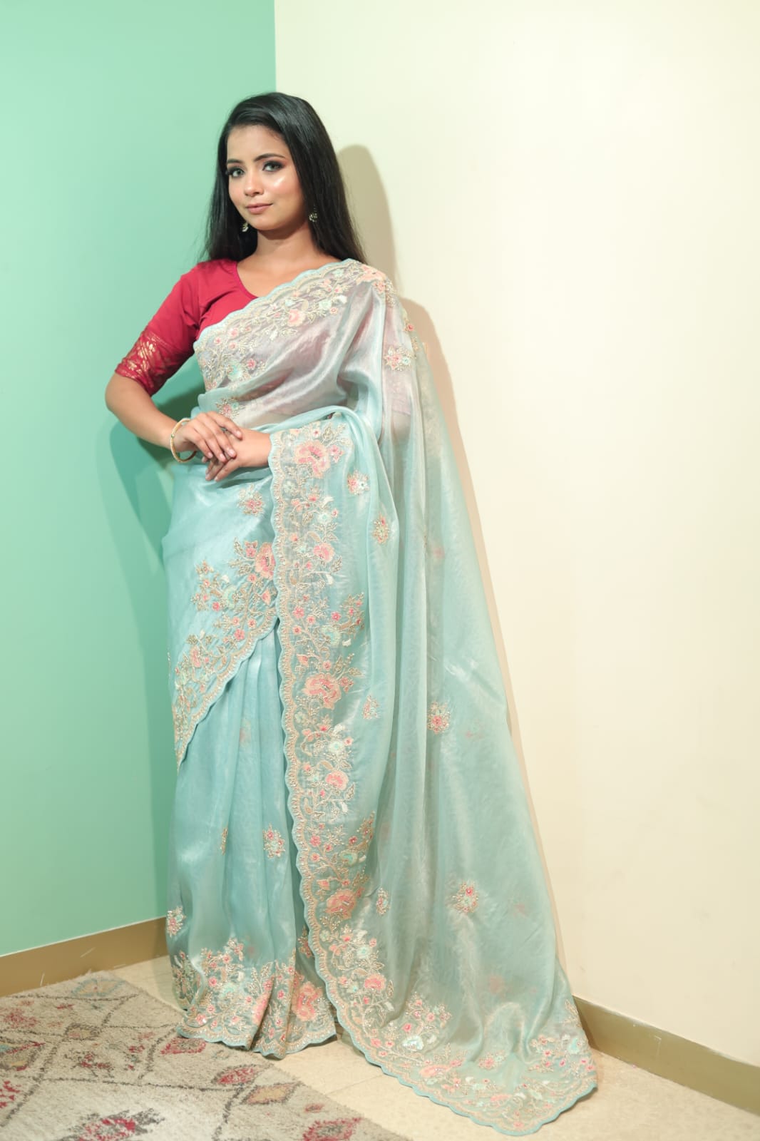 Oyster Blue Chinon Saree with Exquisite Embroidery