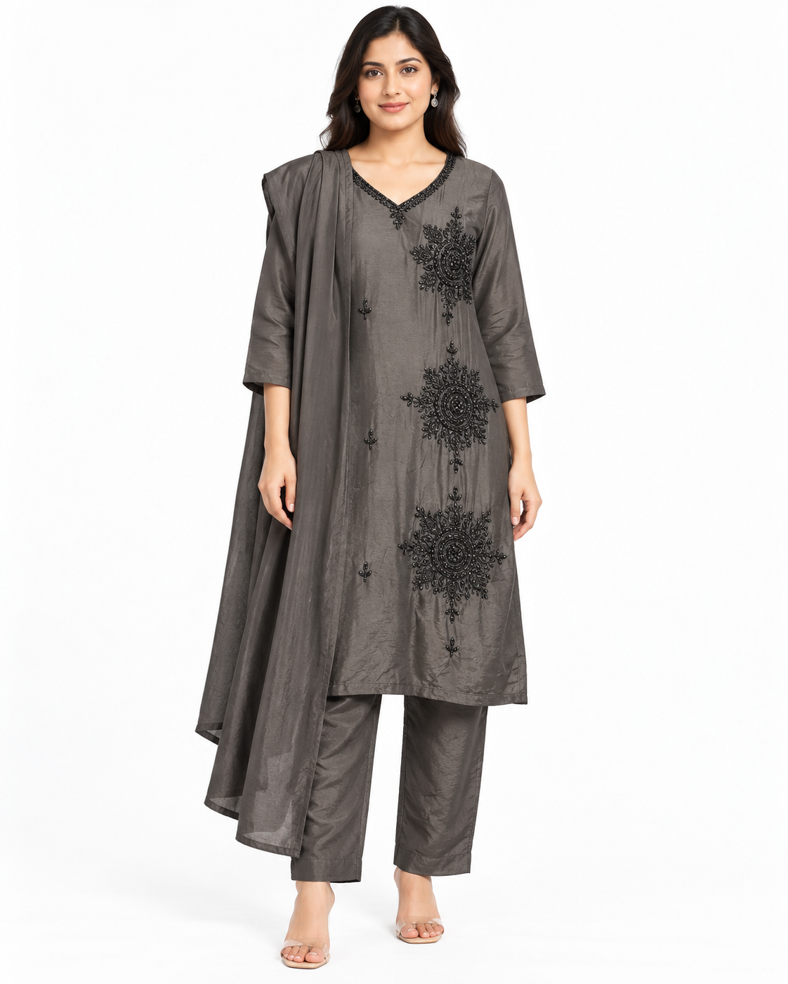 Charcoal Grey Beaded Floral Kurti