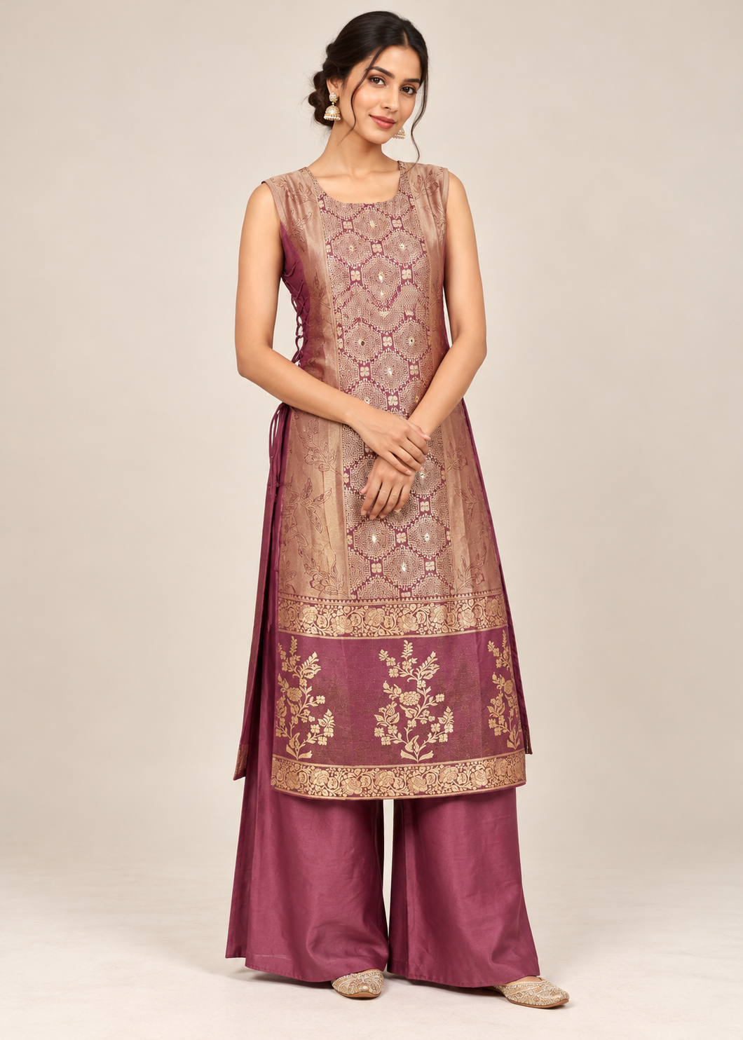 Mauve-Plum Banarasi Brocade Panel Kurti & Flared Palazzo Set Main image