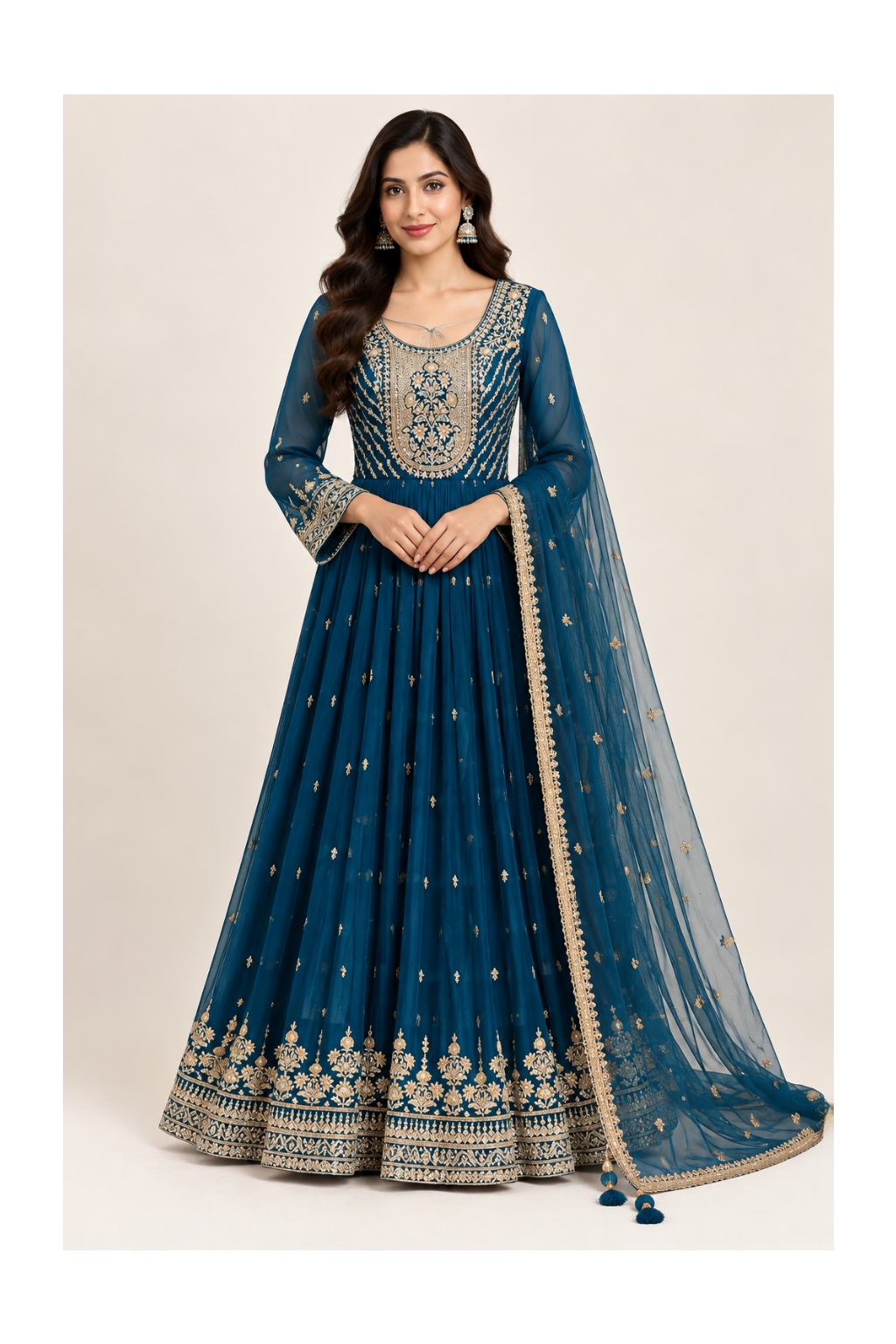 Teal Blue Embroidered Georgette Anarkali Gown