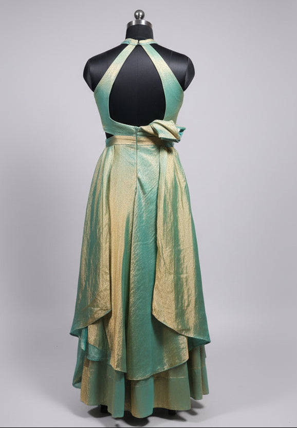Shop Choker-Style Halter Neck Fusion Gown with Metallic Finish for women