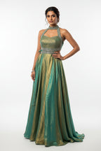 Buy Choker-Style Halter Neck Fusion Gown with Metallic Finish