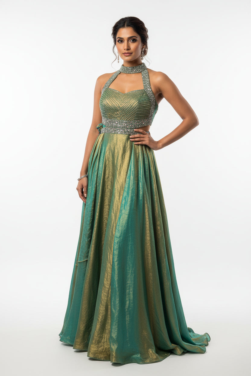 Buy Choker-Style Halter Neck Fusion Gown with Metallic Finish