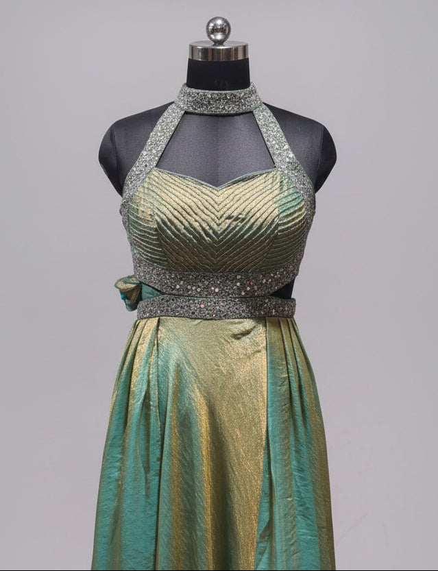 Choker-Style Halter Neck Fusion Gown with Metallic Finish – ODHNI