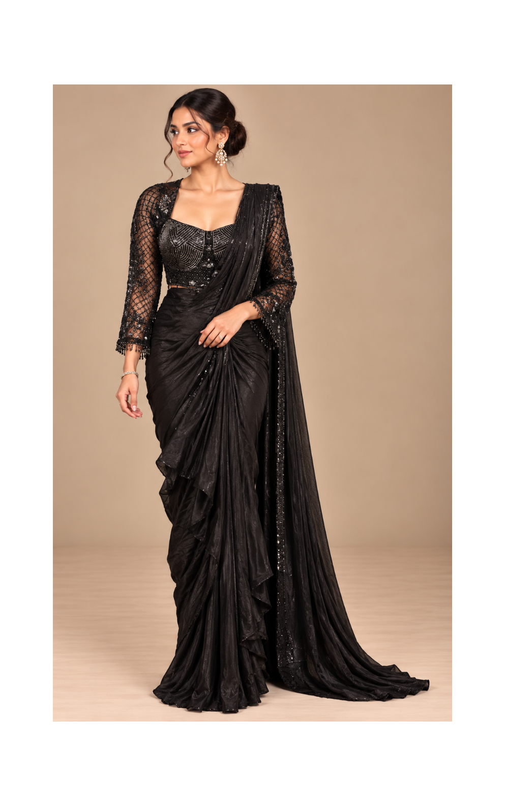 Black Draped Saree Fabric with Geometric Beaded Blouse