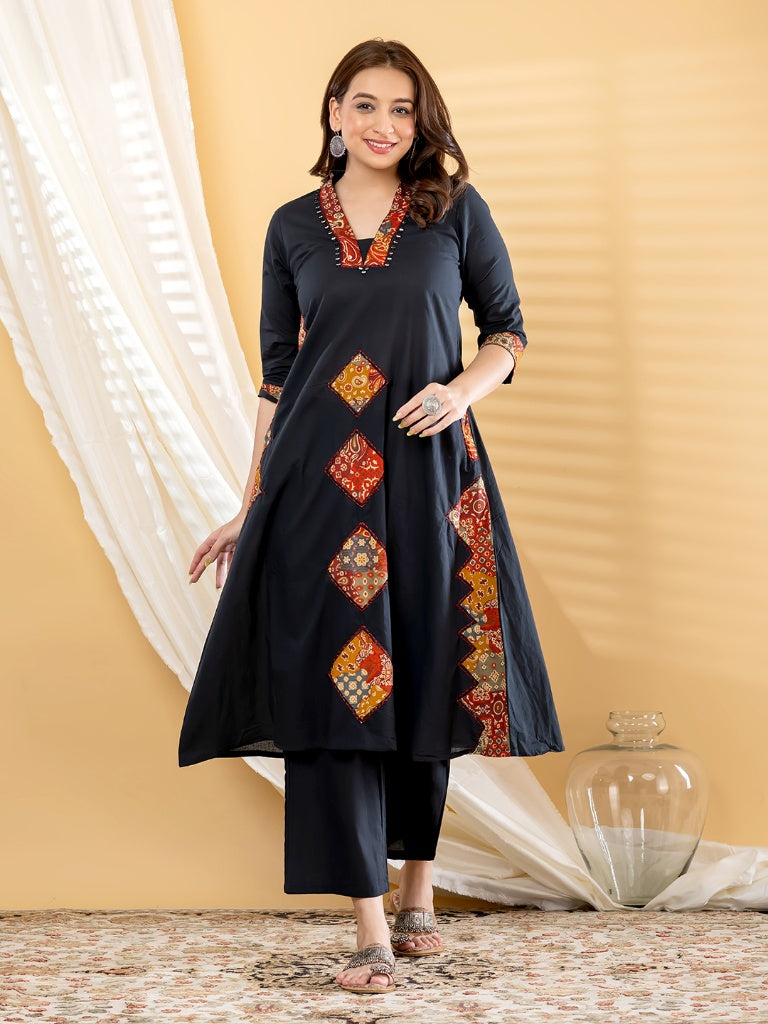Black Kalamkari Patchwork Flared Kurti Set