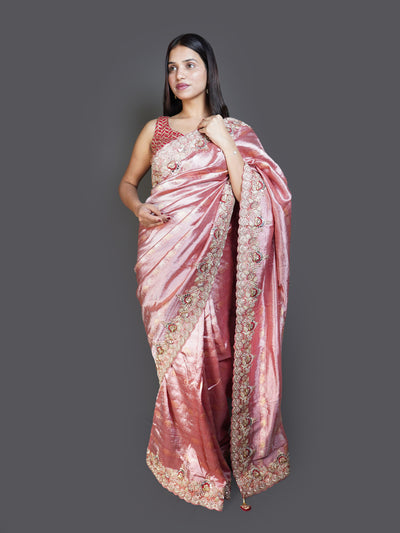 Metallic Rose Pink Saree with Heavy Embroidered Border (14179 GS-33)