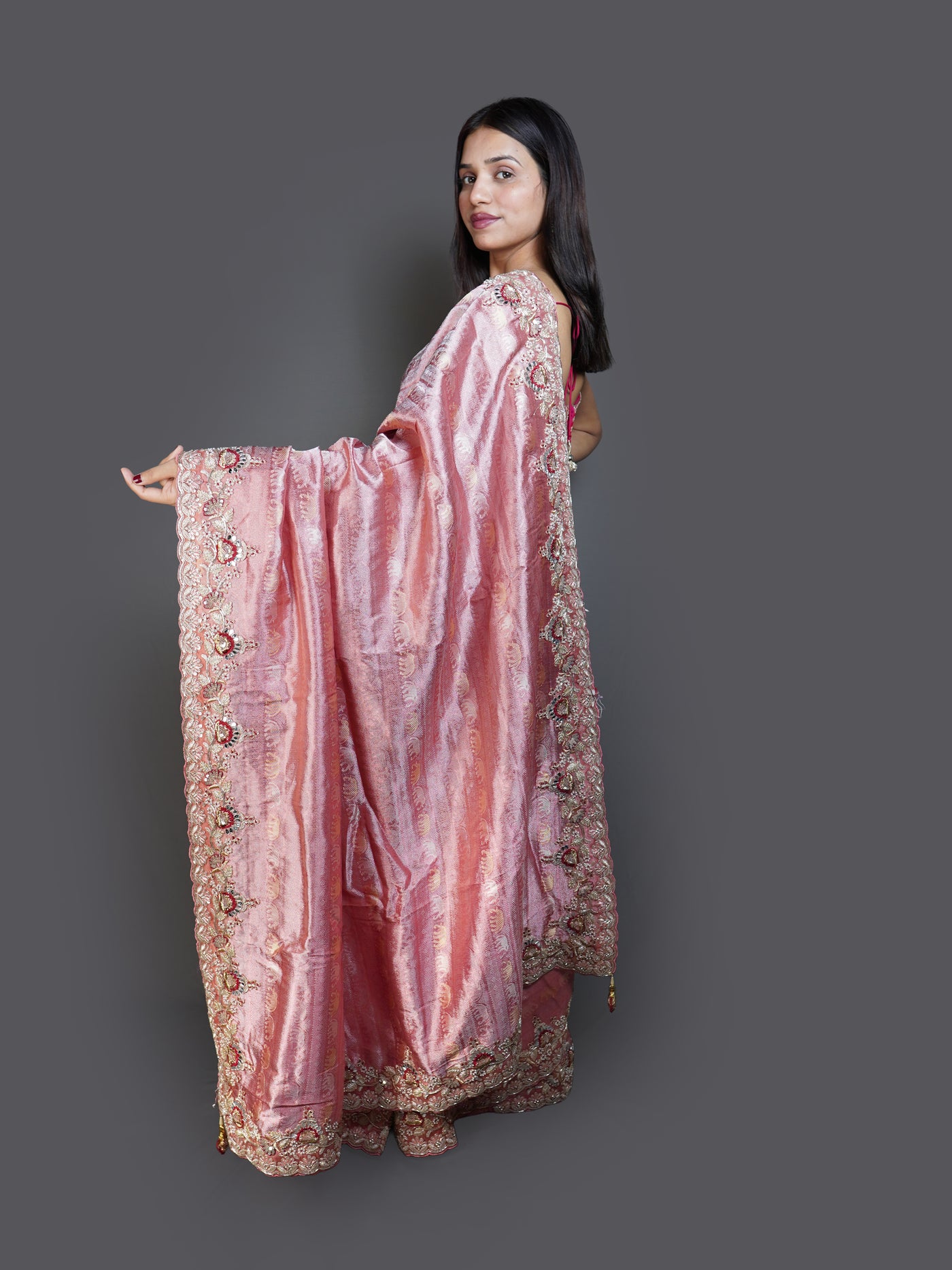 Metallic Rose Pink Saree with Heavy Embroidered Border (14179 GS-33)