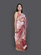 Metallic Rose Pink Saree with Heavy Embroidered Border (14179 GS-33)