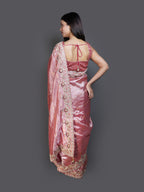 Metallic Rose Pink Saree with Heavy Embroidered Border (14179 GS-33)