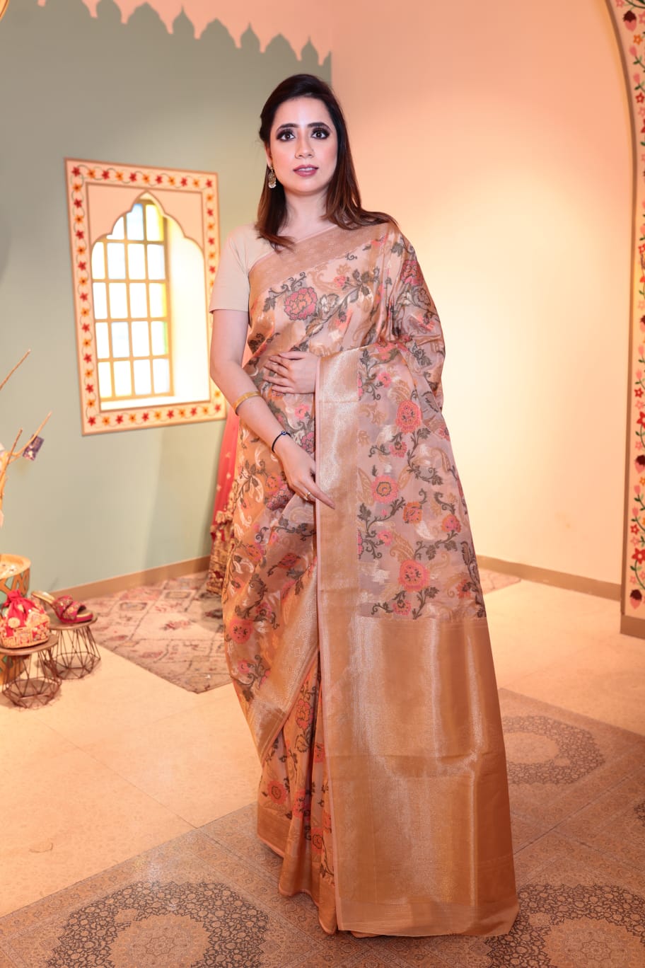 Graceful Gold Organza Silk Saree with Floral Motifs