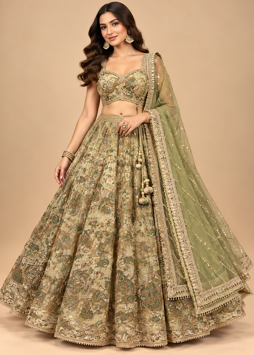 Sage Olive Green Embroidered Bridal Lehenga Set