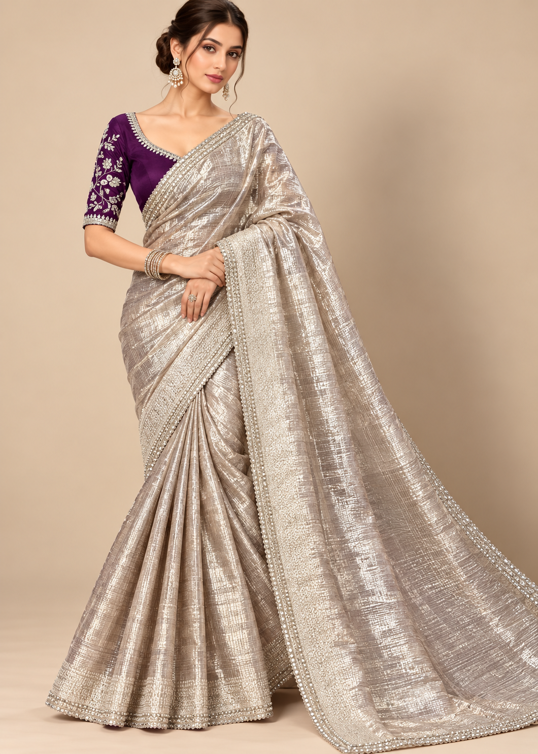 Metallic Champagne Mauve Crushed Tissue Saree with Contrast Embroidered Blouse