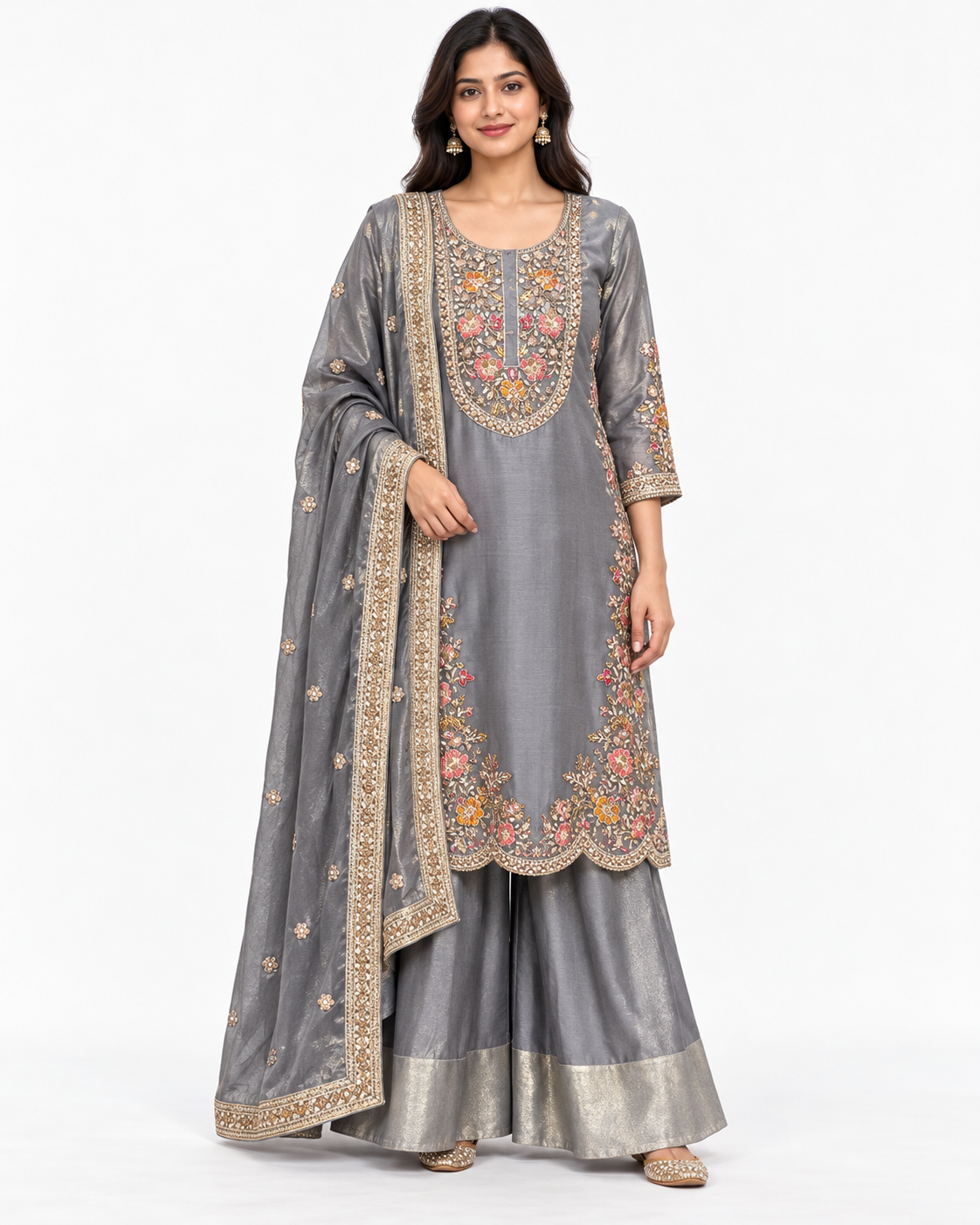 Silver Grey Floral Embroidered Palazzo Suit