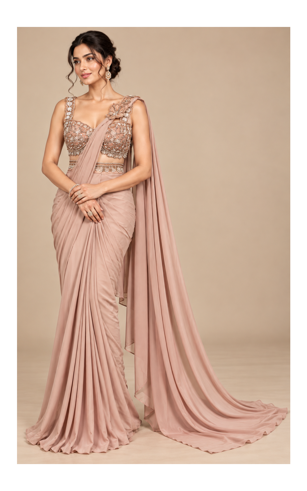 Chikoo Draped Saree with Floral Embellished Blouse and Flowing Pleated Pallu