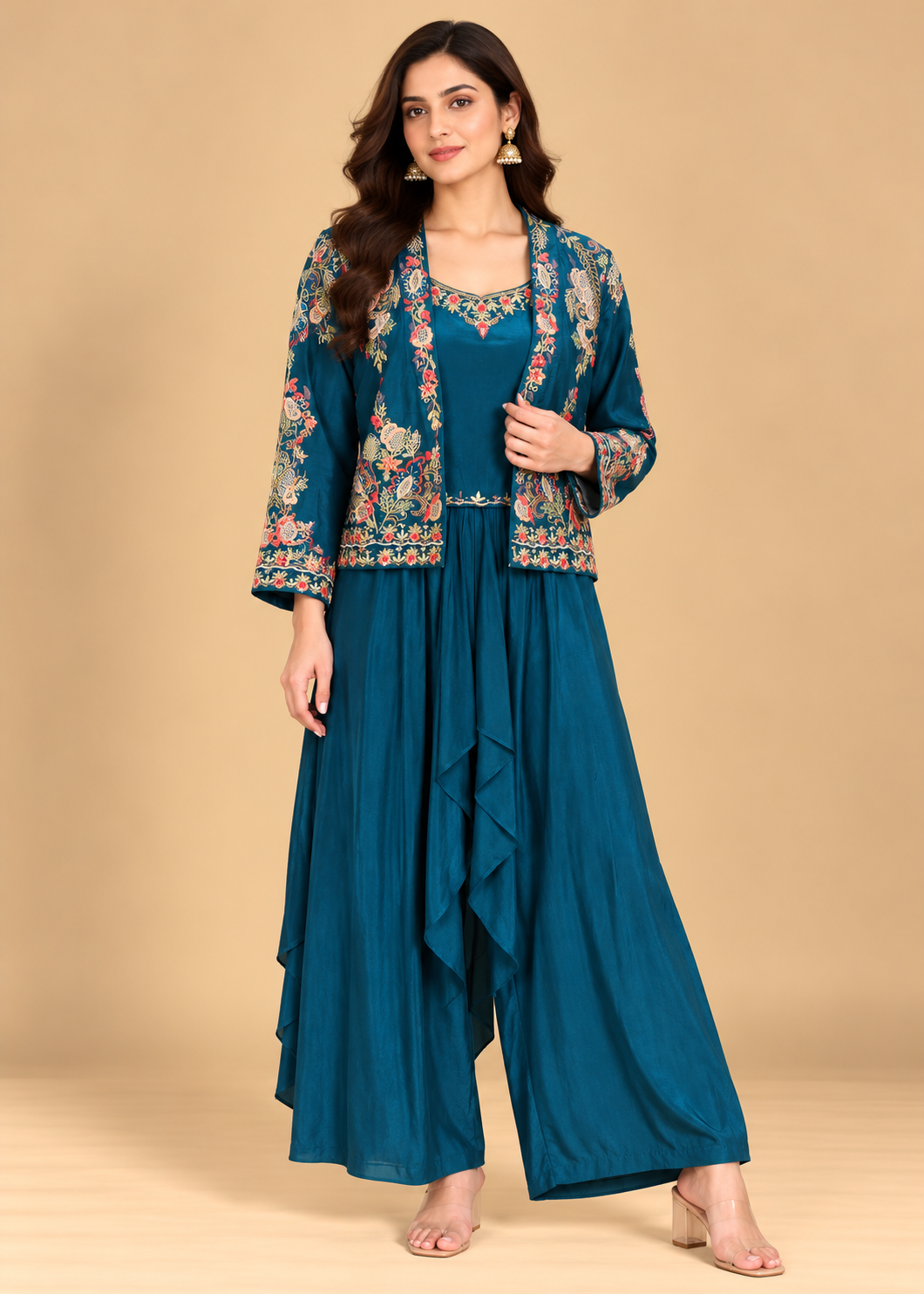 Teal Blue Draped Palazzo Co-ord Set with Embroidered Jacket Main image
