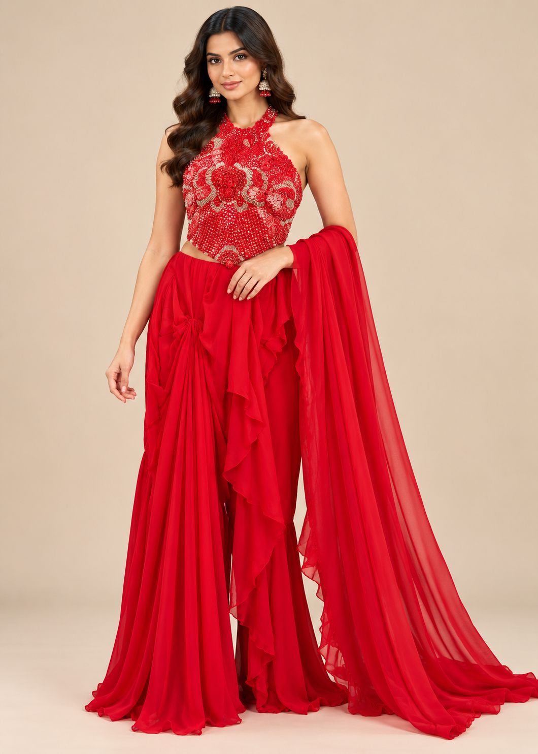 Red Embellished Halter Neck Draped Palazzo Set Main image