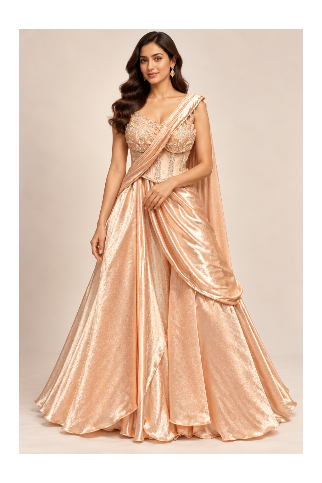 Metallic Rose Gold Pre-Draped Saree-Lehenga & Corset Bustier Set Main image