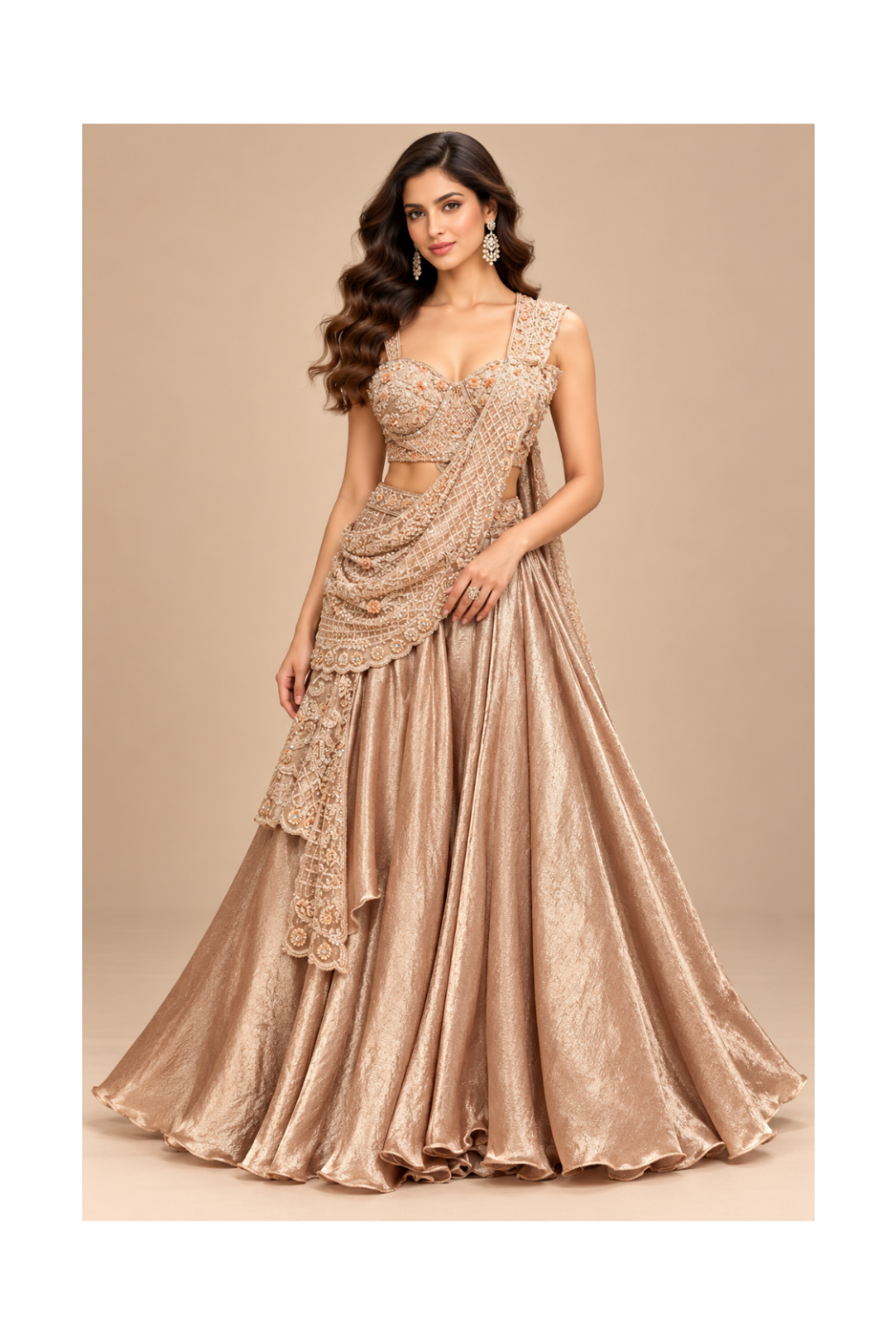 Rose Gold Metallic Flared Sharara-Lehenga & Embroidered Drape Set Main image